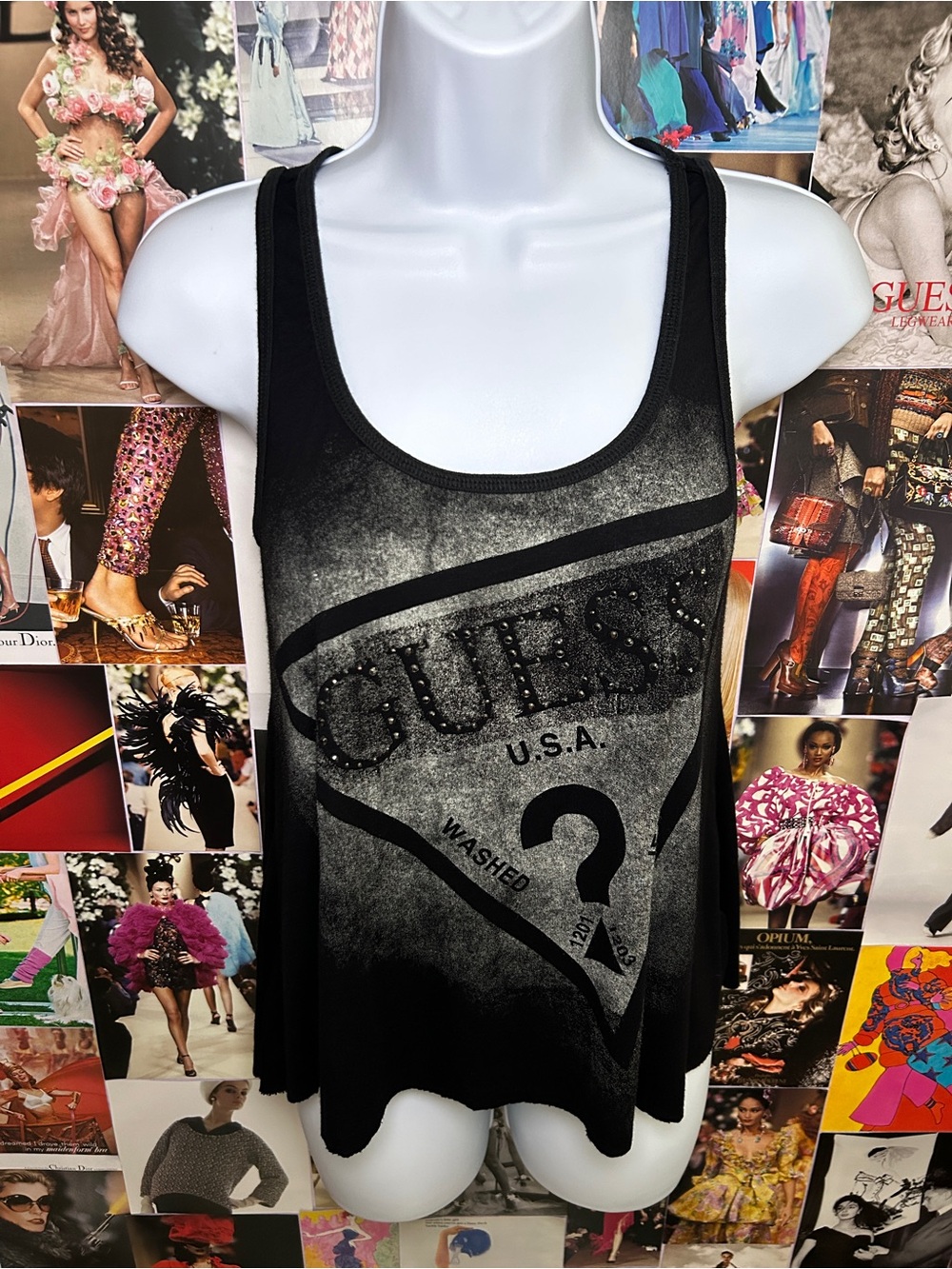 GUESS Black Washed Logo Tank with Stud Detail